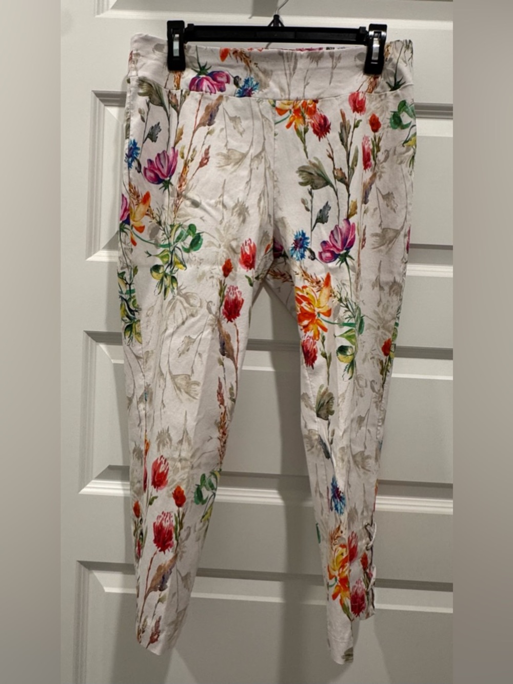 Insight White Floral Print Pants with Pink, Yellow & Green Blooms